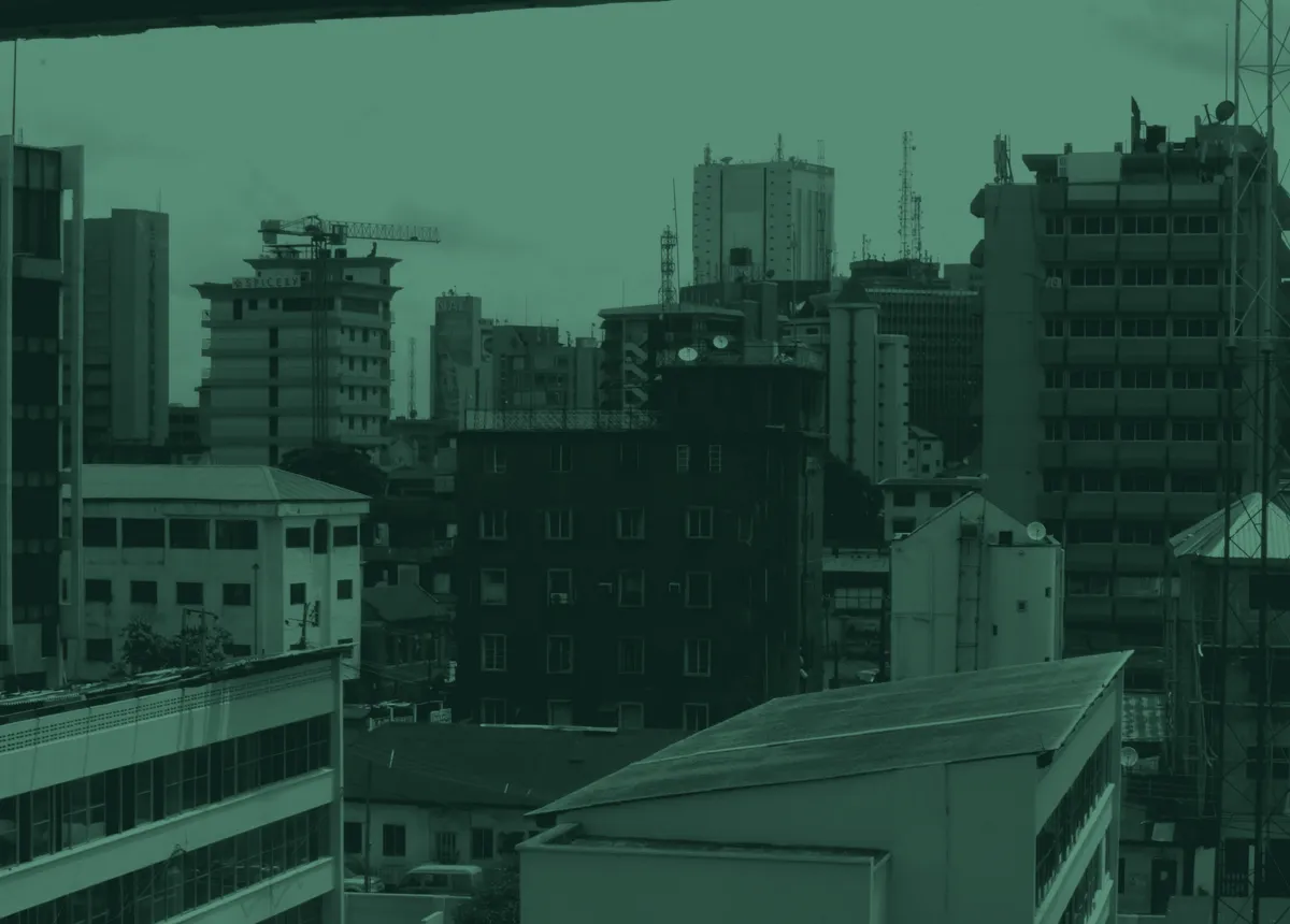 A city skyline on the African continent at dusk.