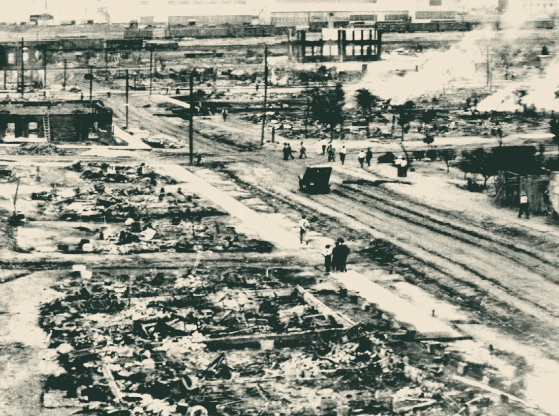 Greenwood in Tulsa after the 1921 massacre, blocks reduced to rubble.
